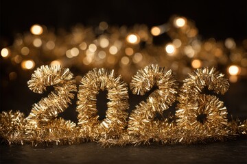 Stylish golden 2026 figures set against a dark background, adorned with sparkling tinsel and glowing bokeh, radiating a magical Christmas vibe