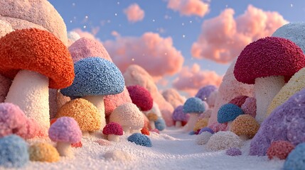 Enchanted mushroom valley filled with magical lights high resolution photo