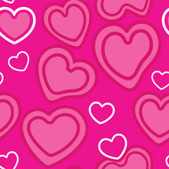 Seamless pattern of pink hearts with white and dark pink outlines on a bright pink background Keywords: heart, hearts, love, romance, valentine