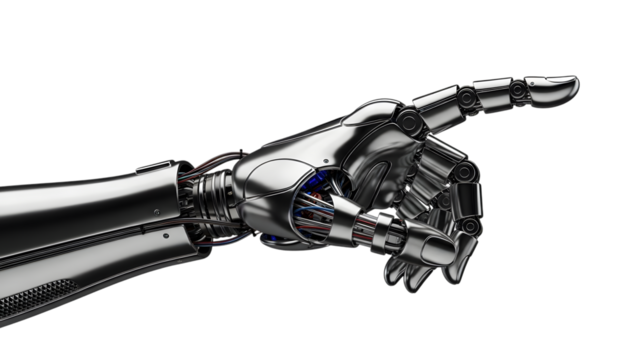 Detailed metallic robotic hand with visible internal wiring pointing forward isolated on a transparent background