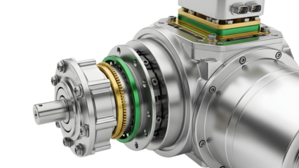 Detailed view of a complex metallic mechanical gearbox assembly with gears and connectors isolated on a transparent background
