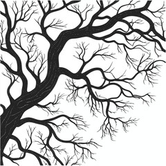 Stylized black silhouette of a bare tree with intricate branches against a white background winter