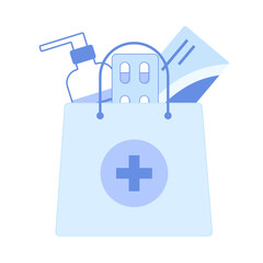 Paper shopping bag, full of medications, bottles, boxes, pills blisters. Set of objects for pharmacy or drug store.