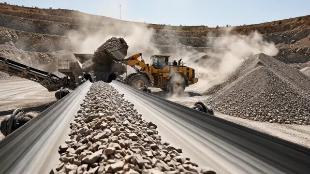 Crushed Stone Conveyor Belt at Open Pit Mine - An industrial conveyor belt transports crushed stone at an open pit mine on a sunny day.