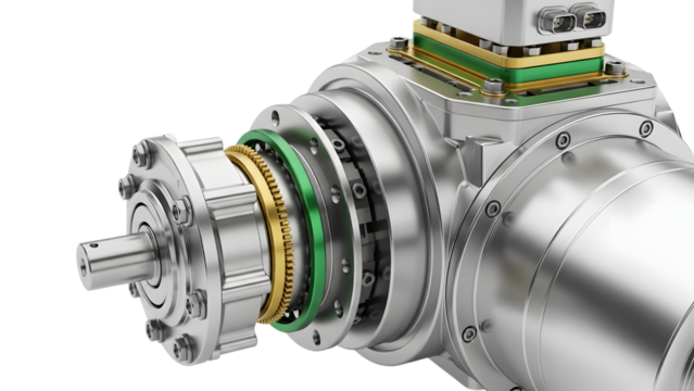 Detailed view of a complex metallic mechanical gearbox assembly with gears and connectors isolated on a transparent background