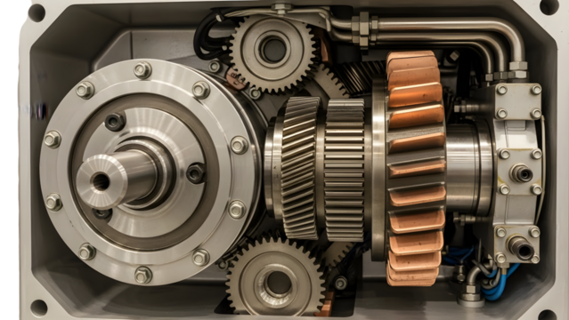 Detailed view of a complex mechanical gearbox with interlocking metal gears and copper components isolated on a transparent background