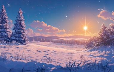A serene winter landscape with snow-covered fields, pine trees covered in frost, and the sun setting over distant hills