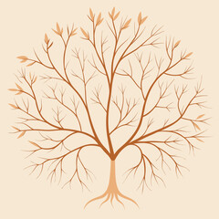 Stylized tree with roots and a few leaves forming a circular pattern on a light background branches