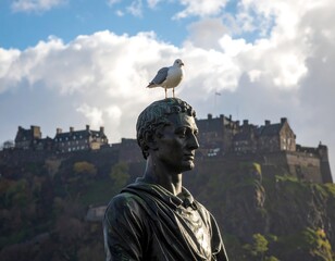 Seagull Resting Atop Alexander Statue with Edinburgh Castle in the Background