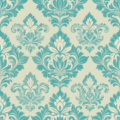 Teal damask pattern with a distressed texture on a beige background Keywords: teal, damask, pattern, seamless, background, beige, vintage, ornate