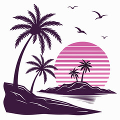 Tropical island palm trees at sunset with striped sun and birds Keywords: tropical, island, palm trees, sunset, sun, birds, ocean, sea, beach