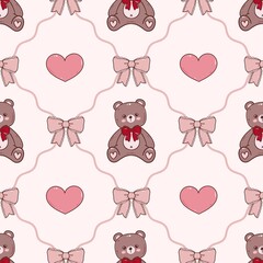 Cute Teddy Bear and Pink Hearts Seamless Pattern &mdash; Valentine Ribbon Design