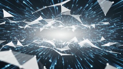 Abstract digital tunnel with glowing blue light streaks and a futuristic plexus network of white geometric shapes - Powered by Adobe