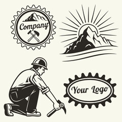 Vintage Mining Emblems and Miner Illustration with Pickaxe and Mountains logo
