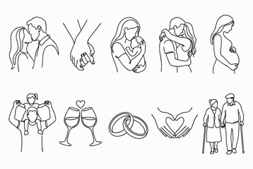 Fototapeta premium Minimalist Line Drawings of Love and Family Life – Romantic and Parenting Illustration Collection