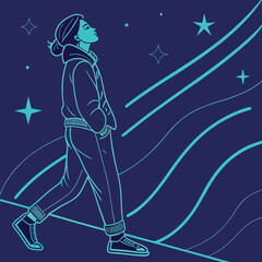 Woman walking forward with hands in pockets against a dark blue starry background vector illustration