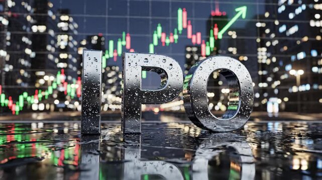 Metallic IPO Letters Reflecting Cityscape - A close-up shot features bold, metallic IPO letters covered in water droplets, reflecting their surroundings.