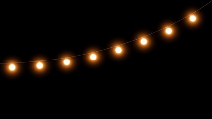 Warm glowing string lights, festive illumination on transparent overlay, decorative electric bulbs.