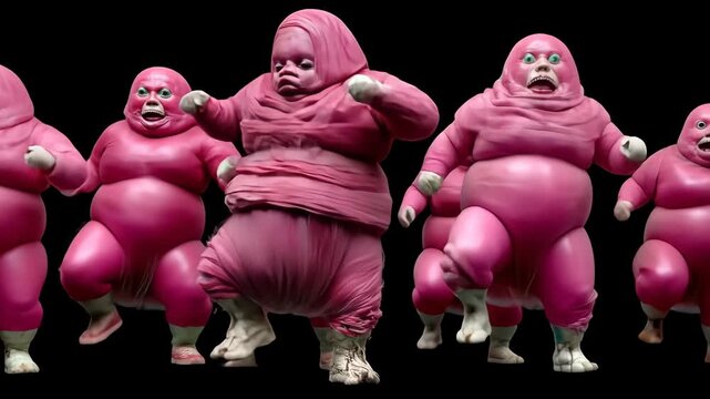 Pink Abstract Figurative Sculpture Art: Dynamic 3D Model Illustrations Embrace Humor, Body Positivity, and Bold Colorful Expression in Contemporary Surreal Fantasy Artworks