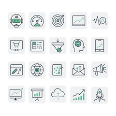 AI SEO and Digital Marketing Growth Icons Set, Business Analytics, Startup Strategy, Online Marketing Vector Pack