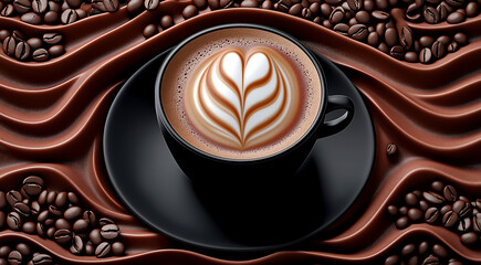 Black coffee cup with intricate latte art sits on a textured surface surrounded by roasted coffee beans 