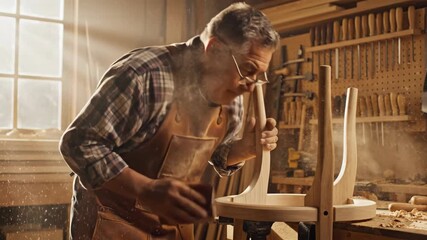 In a warm and sunlit workshop, an experienced craftsman skillfully carves wood into elegant furniture. Dust dances in the beams of sunlight as he focuses, showcasing his art and passion.
