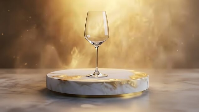 Empty elegant crystal wine glass on marble gold pedestal with golden glow background