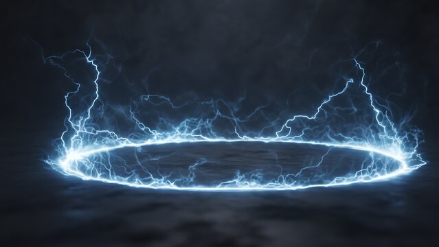 Blue lightning energy ring with electric discharge and smoky atmospheric effects