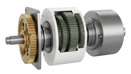 Exploded view of a planetary gearbox with golden and green gears and silver casing isolated on a transparent background