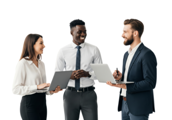 Business team working together with laptop isolated on white or transparent background