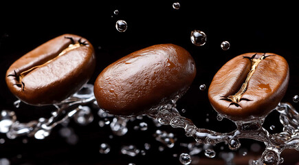 Coffee beans splashing in water, showcasing dynamic movement and texture, with droplets creating a visually captivating scene of freshness and energy