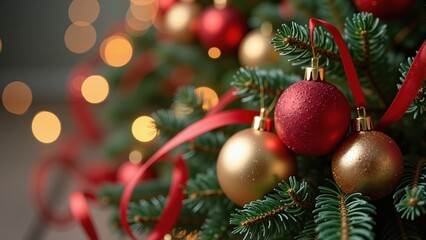 Christmas decor balls on ribbon on tree branch