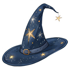 A striking blue wizard hat, designed with a tall, pointed crown and a wide brim. It is intricately decorated with shimmering golden crescent moons and twinkling stars, evoking a sense of wonder.