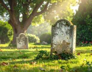 Serene Graveyard Landscape with Old Tombstones Bathed in Golden Sunlight