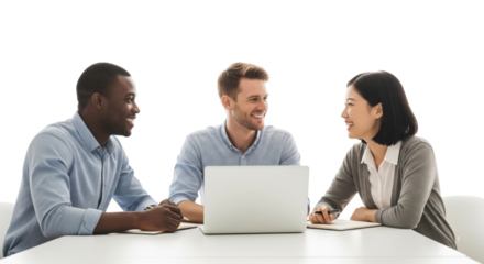 Business team working together with laptop isolated on white or transparent background