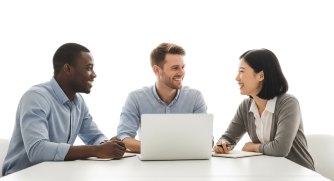 Business team working together with laptop isolated on white or transparent background