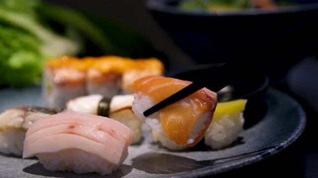 Flying sushi pieces are placed between chopsticks. Sushi and roll levitation with soy sause. . High quality 4k footage