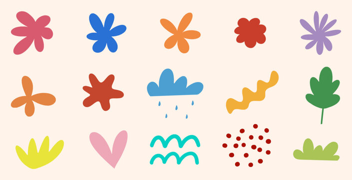 Cute abstract shapes in bright colors, botanical elements isolated on white background