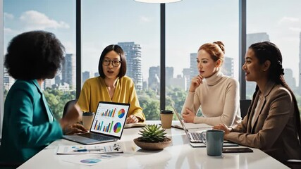 Four diverse professional women collaborate during a business meeting in a modern office with city view, analyzing data on a laptop screen - Powered by Adobe
