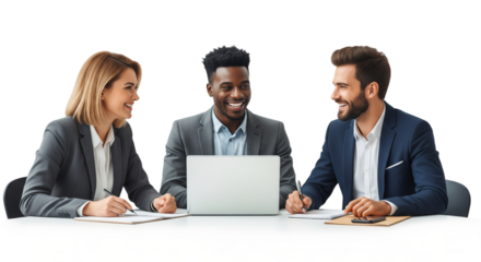 Business team working together with laptop isolated on white or transparent background