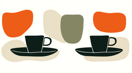 Minimalist flat illustration featuring two black coffee cups on saucers, surrounded by abstract shapes in earthy tones, creating a modern and stylish coffee-themed design