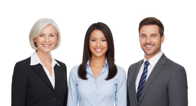 Portrait of business team standing confident isolated on white or transparent background