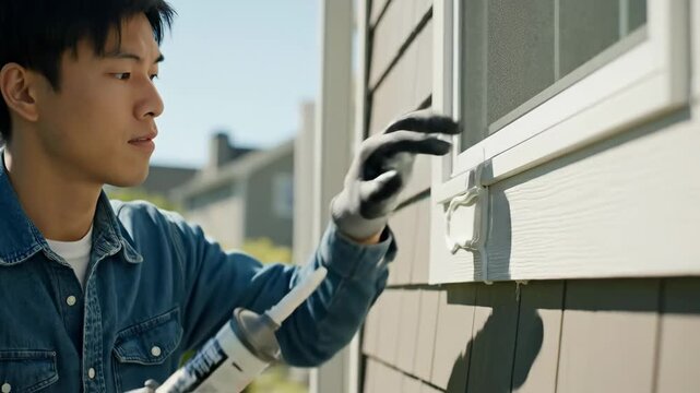 Man Sealing Exterior Crack with Caulk Gun - A man wearing gloves is carefully applying sealant to a window frame using a caulk gun, emphasizing pest proofing and weatherproofing for home maintenance.