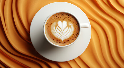 Coffee cup with intricate latte art placed on a textured golden background 