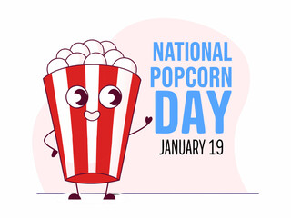 Celebrating National Popcorn Day on January 19th with a Cute Cartoon Popcorn Box Character Design cartoon