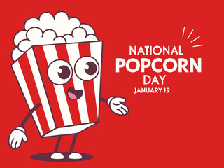 Celebrating National Popcorn Day on January 19th with a Cartoon Popcorn Character on a Red Background