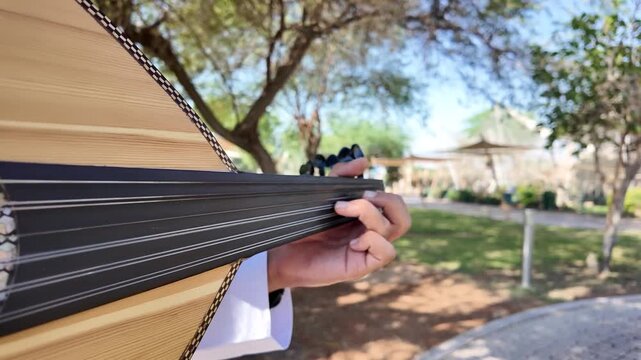 A person playing an oud, a prominent stringed instrument in Middle Eastern music at celebration of The United Arab Emirates Independence Day ( 54th uae national day ) in Al Ain Zoo	