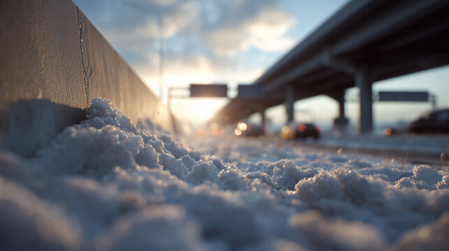 Snowy highway during sunset in winter scene