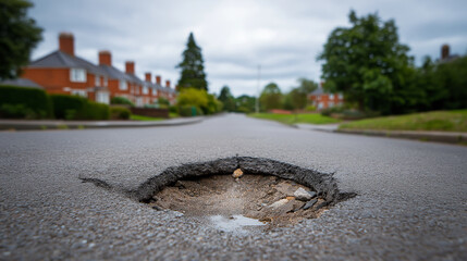 large pothole on suburban road in gray tones representing disrepair