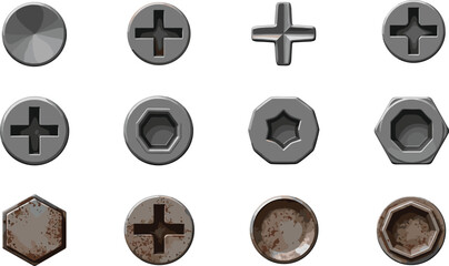 Detailed vector collection of multiple screw and bolt head designs, featuring Phillips, flat, hex, star, and rusty metal textures for hardware or tool illustrations.